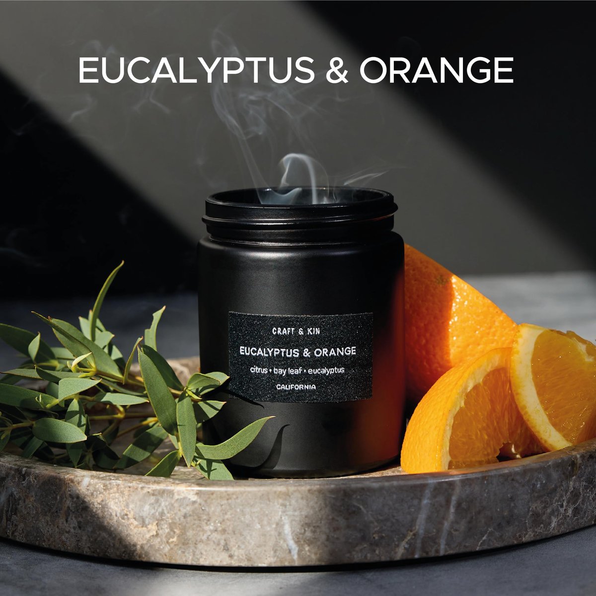 Craft & Kin Premium Orange & Eucalyptus Kerze | Schwarze Duftkerzen für Zuhause | Lang anhaltend mit 45 Stunden Brenndauer, 7,6 oz | Sojakerze | Aromatherapie für Zuhause | Geschenke für Männer