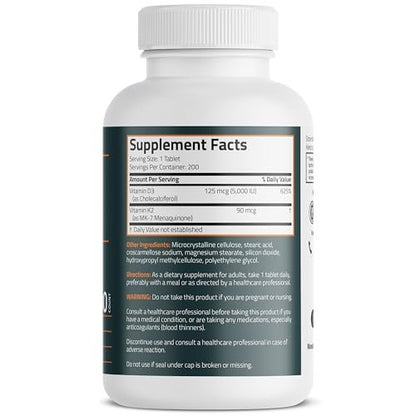 Bronson Vitamin K2 D3 (MK7) Nahrungsergänzung – Nicht-GMO-Formel mit Vitamin D3 5000 IE (125 µg) & 90 µg K2 MK-7, leicht zu schluckender D & K Komplex, 200 Tabletten