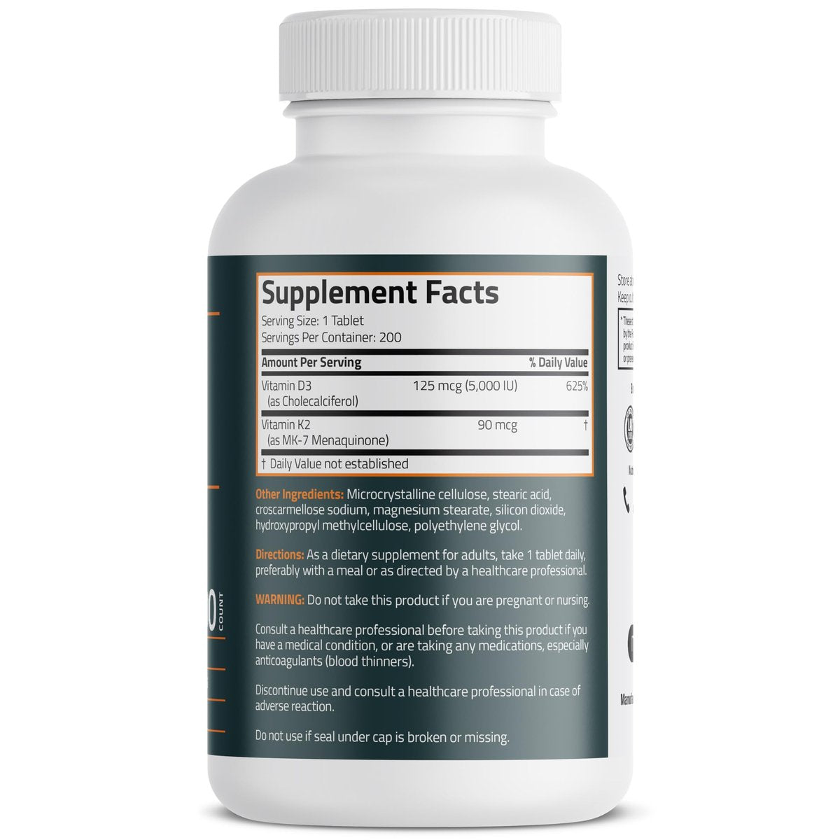 Bronson Vitamin K2 D3 (MK7) Nahrungsergänzung – Nicht-GMO-Formel mit Vitamin D3 5000 IE (125 µg) & 90 µg K2 MK-7, leicht zu schluckender D & K Komplex, 200 Tabletten