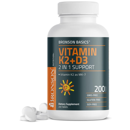 Bronson Vitamin K2 D3 (MK7) Nahrungsergänzung – Nicht-GMO-Formel mit Vitamin D3 5000 IE (125 µg) & 90 µg K2 MK-7, leicht zu schluckender D & K Komplex, 200 Tabletten