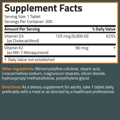 Bronson Vitamin K2 D3 (MK7) Nahrungsergänzung – Nicht-GMO-Formel mit Vitamin D3 5000 IE (125 µg) & 90 µg K2 MK-7, leicht zu schluckender D & K Komplex, 200 Tabletten