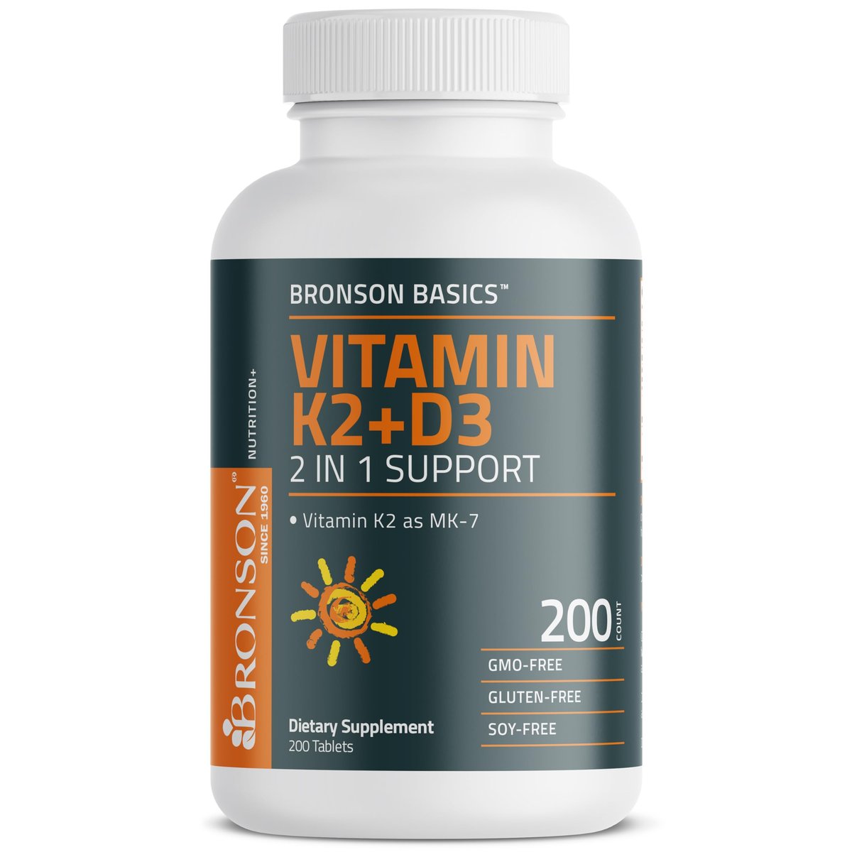 Bronson Vitamin K2 D3 (MK7) Nahrungsergänzung – Nicht-GMO-Formel mit Vitamin D3 5000 IE (125 µg) & 90 µg K2 MK-7, leicht zu schluckender D & K Komplex, 200 Tabletten