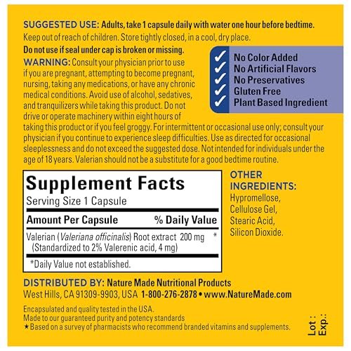 Nature Made Baldrianwurzel für Schlafunterstützung – Melatoninfreies Schlafmittel für Erwachsene, 30 Kapseln, 30-Tage-Vorrat