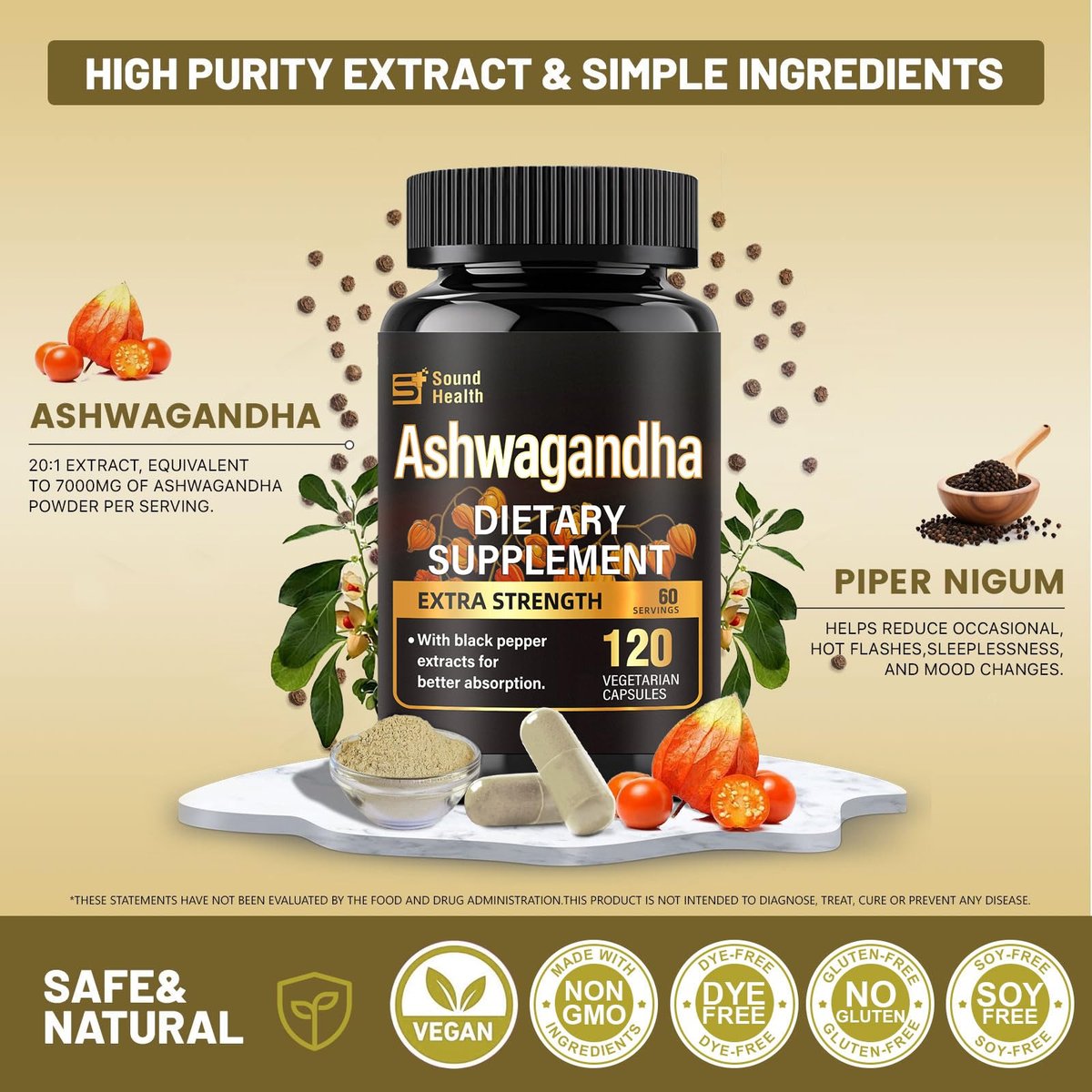 SoundHealth Bio-Ashwagandha Kapseln - 120 Kapseln (60 Portionen) - Hochwertiges Adaptogen zur Stressbewältigung