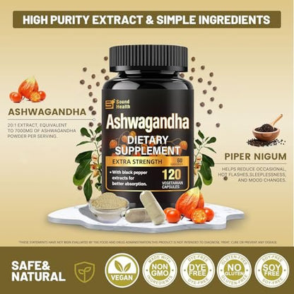 SoundHealth Bio-Ashwagandha Kapseln - 120 Kapseln (60 Portionen) - Hochwertiges Adaptogen zur Stressbewältigung
