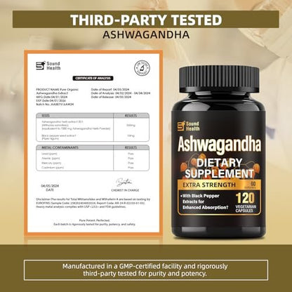 SoundHealth Bio-Ashwagandha Kapseln - 120 Kapseln (60 Portionen) - Hochwertiges Adaptogen zur Stressbewältigung
