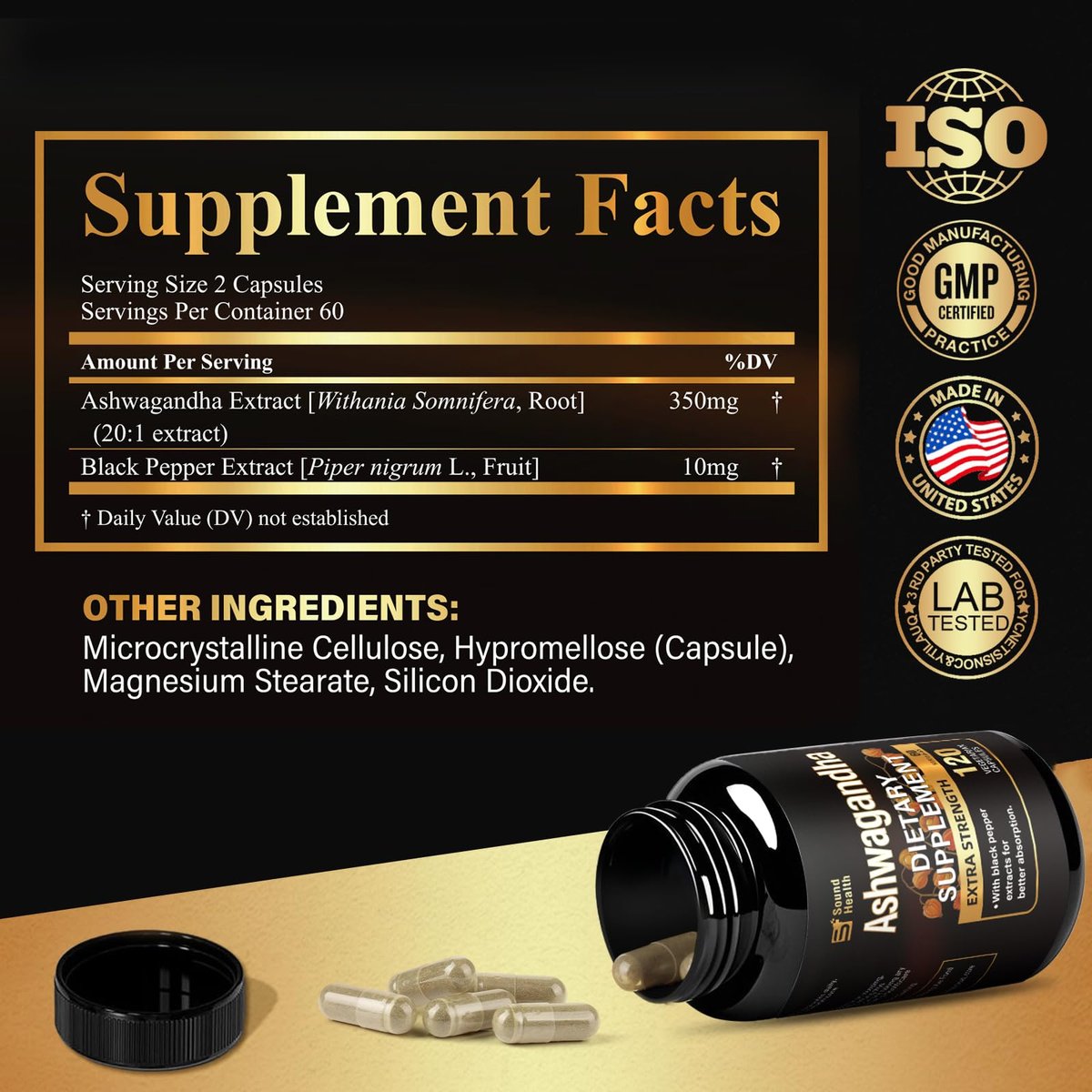 SoundHealth Bio-Ashwagandha Kapseln - 120 Kapseln (60 Portionen) - Hochwertiges Adaptogen zur Stressbewältigung
