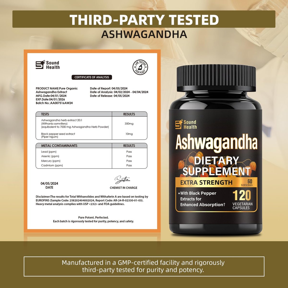 SoundHealth Bio-Ashwagandha Kapseln - 120 Kapseln (60 Portionen) - Hochwertiges Adaptogen zur Stressbewältigung