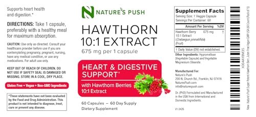 Nature's Push Super Potenter Weißdorn-Extrakt 10:1 675 mg Kapseln – Verdauung, Herzgesundheit & Glykämische Unterstützung – Extra Stark, Nicht-GMO, Glutenfrei, Vegan, GMP, USA (60 Kapseln)