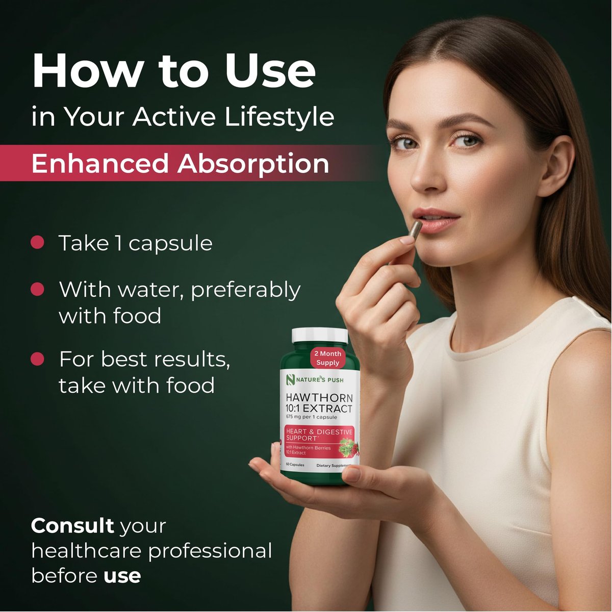 Nature's Push Super Potenter Weißdorn-Extrakt 10:1 675 mg Kapseln – Verdauung, Herzgesundheit & Glykämische Unterstützung – Extra Stark, Nicht-GMO, Glutenfrei, Vegan, GMP, USA (60 Kapseln)