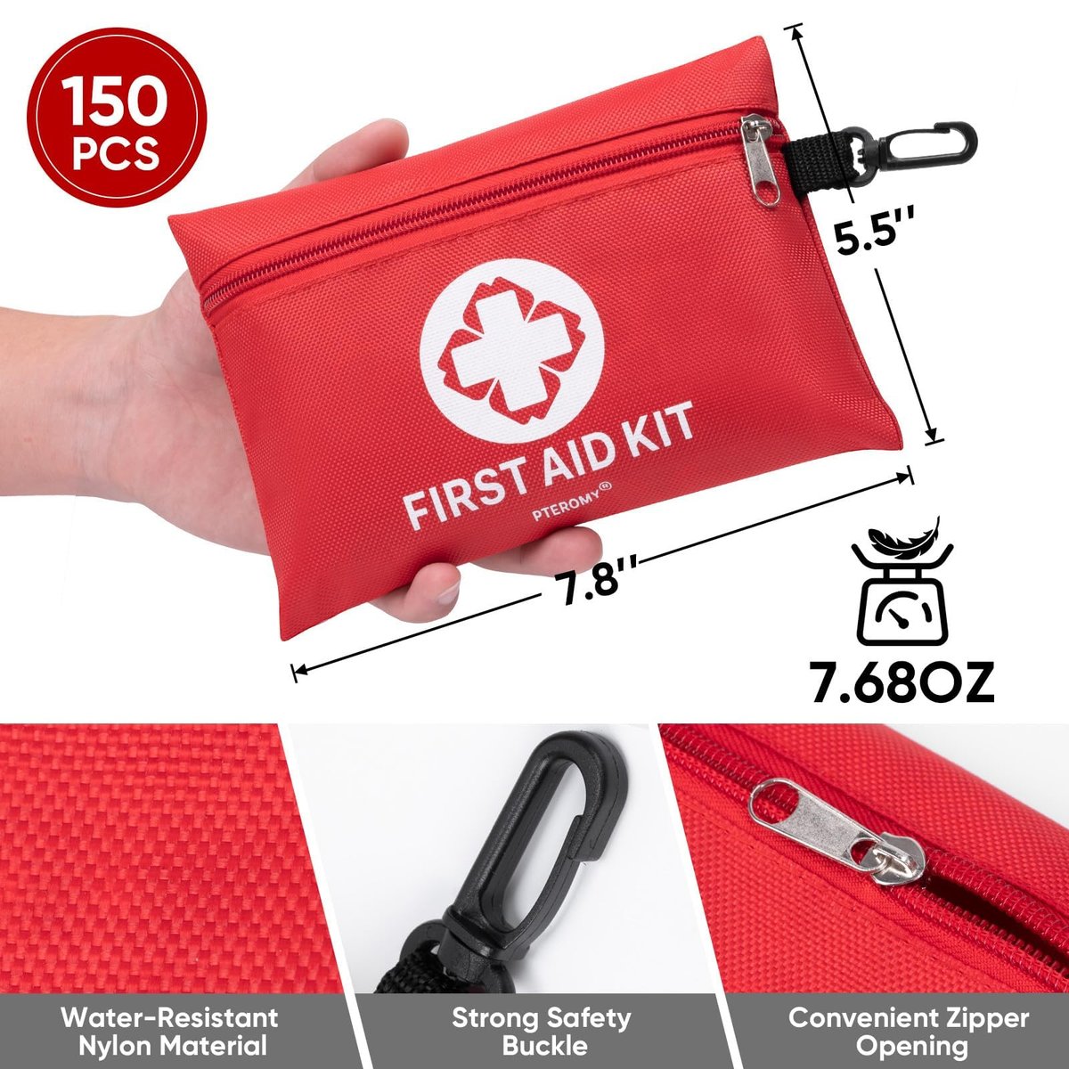 PTEROMY Mini-Erste-Hilfe-Set mit 150 Teilen – Tragbarer kleiner Notfallkoffer für Auto, Reisen, Zuhause, Camping, Outdoor & Wandern