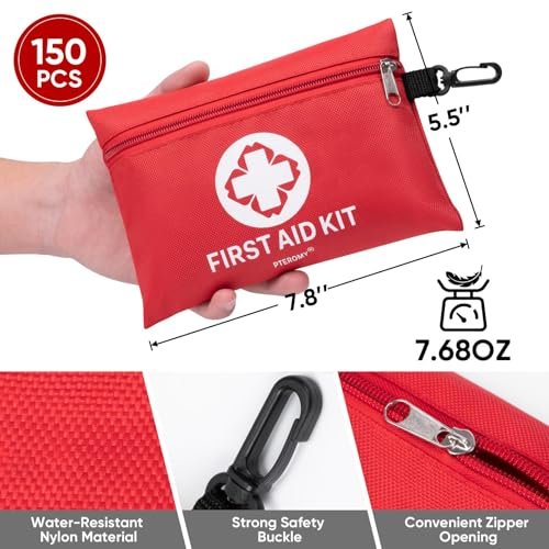 PTEROMY Mini-Erste-Hilfe-Set mit 150 Teilen – Tragbarer kleiner Notfallkoffer für Auto, Reisen, Zuhause, Camping, Outdoor & Wandern