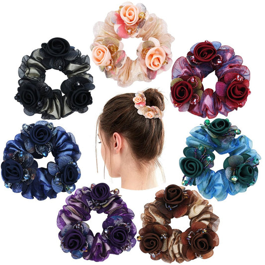 inSowni 7-teiliges Stretch-Mesh-Rosenblumen-Haar-Scrunchie-Set – Elastische Blumen-Haargummis für Frauen und Mädchen