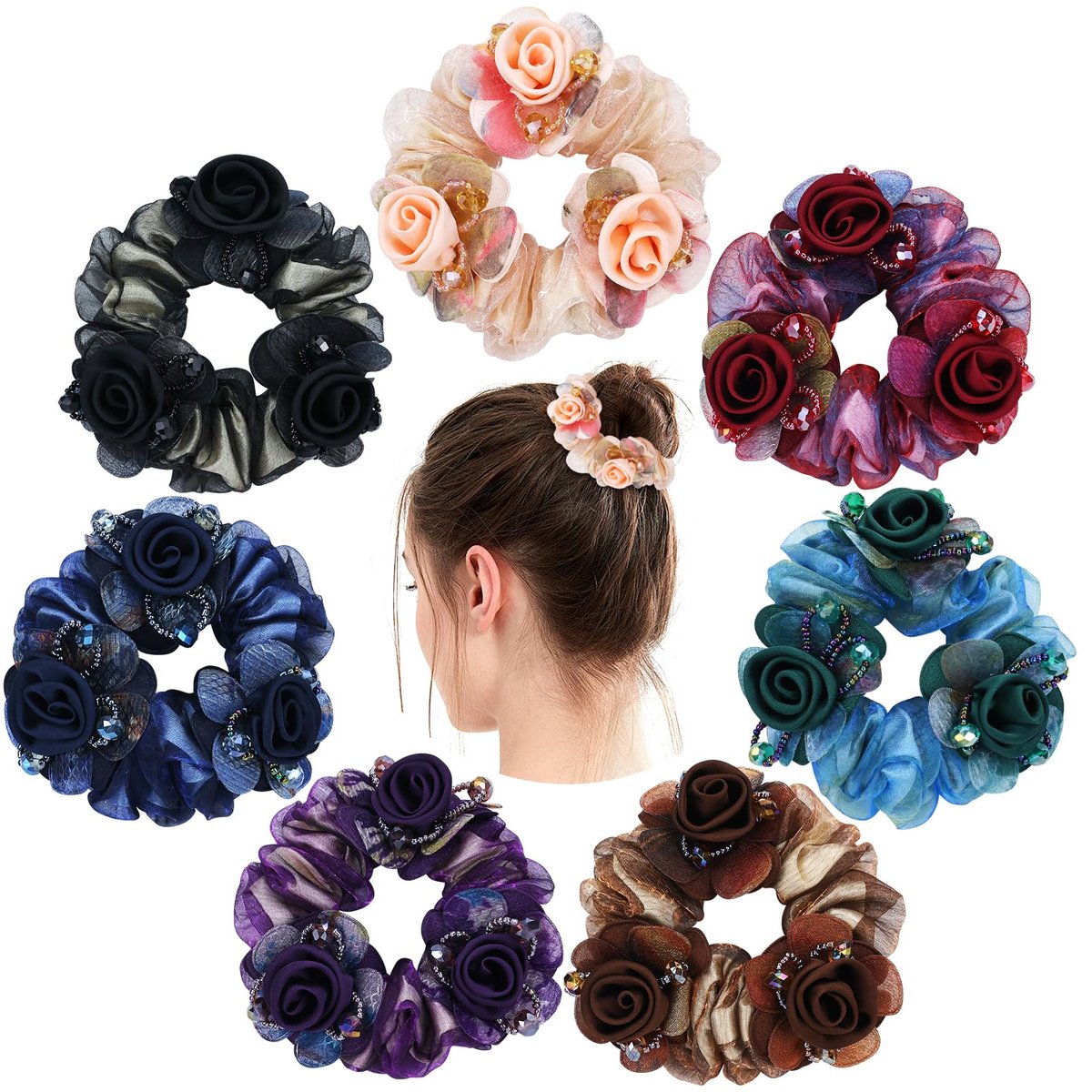 inSowni 7-teiliges Stretch-Mesh-Rosenblumen-Haar-Scrunchie-Set – Elastische Blumen-Haargummis für Frauen und Mädchen