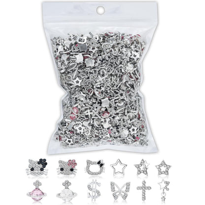 112-teiliges Nagelcharm-Set mit Kawaii-Katzen, Kreuzen, Sternen, 3D-Silber, Y2K, Strasssteinen – Nagelkunst-Zubehör