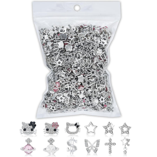 112-teiliges Nagelcharm-Set mit Kawaii-Katzen, Kreuzen, Sternen, 3D-Silber, Y2K, Strasssteinen – Nagelkunst-Zubehör