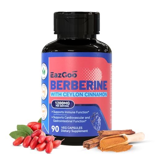 EAZGOO Premium Berberin 1200 mg mit Ceylon-Zimt - 90 vegane Kapseln - Berberin HCL Nahrungsergänzungsmittel, glutenfrei, Immununterstützung