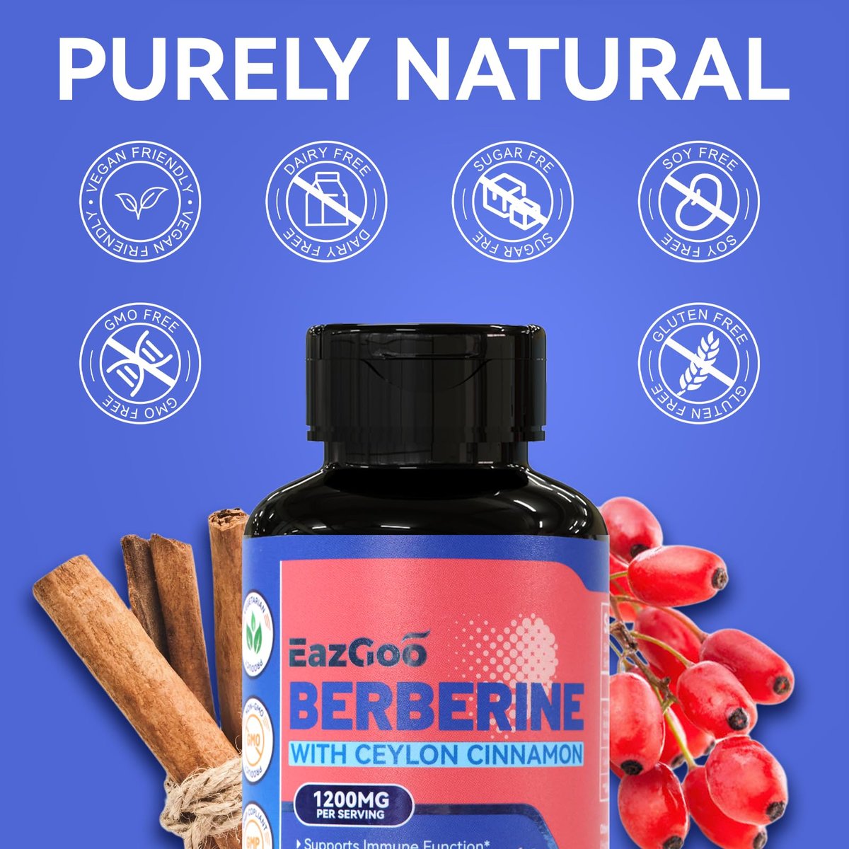 EAZGOO Premium Berberin 1200 mg mit Ceylon-Zimt - 90 vegane Kapseln - Berberin HCL Nahrungsergänzungsmittel, glutenfrei, Immununterstützung
