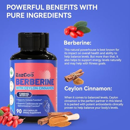 EAZGOO Premium Berberin 1200 mg mit Ceylon-Zimt - 90 vegane Kapseln - Berberin HCL Nahrungsergänzungsmittel, glutenfrei, Immununterstützung