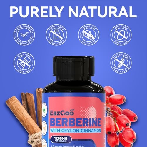 EAZGOO Premium Berberin 1200 mg mit Ceylon-Zimt - 90 vegane Kapseln - Berberin HCL Nahrungsergänzungsmittel, glutenfrei, Immununterstützung
