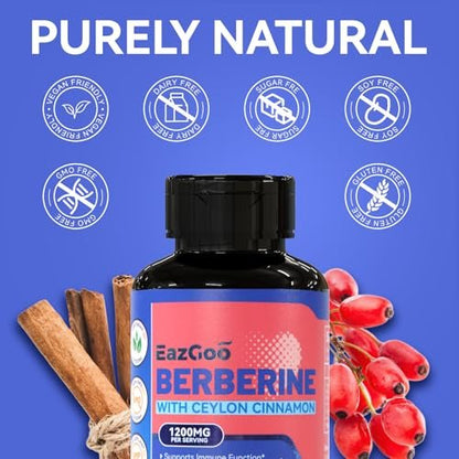 EAZGOO Premium Berberin 1200 mg mit Ceylon-Zimt - 90 vegane Kapseln - Berberin HCL Nahrungsergänzungsmittel, glutenfrei, Immununterstützung