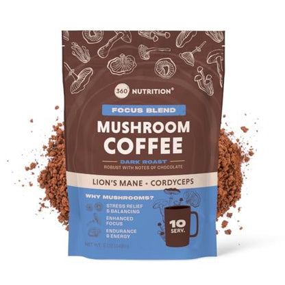 360 Nutrition Instant Mushroom Coffee Focus Blend – Mit Cordyceps, Löwenmähne und Ashwagandha für kognitive Balance, Gedächtnis und Konzentration | Dunkle Röstung, ohne Zuckerzusatz, 142 g