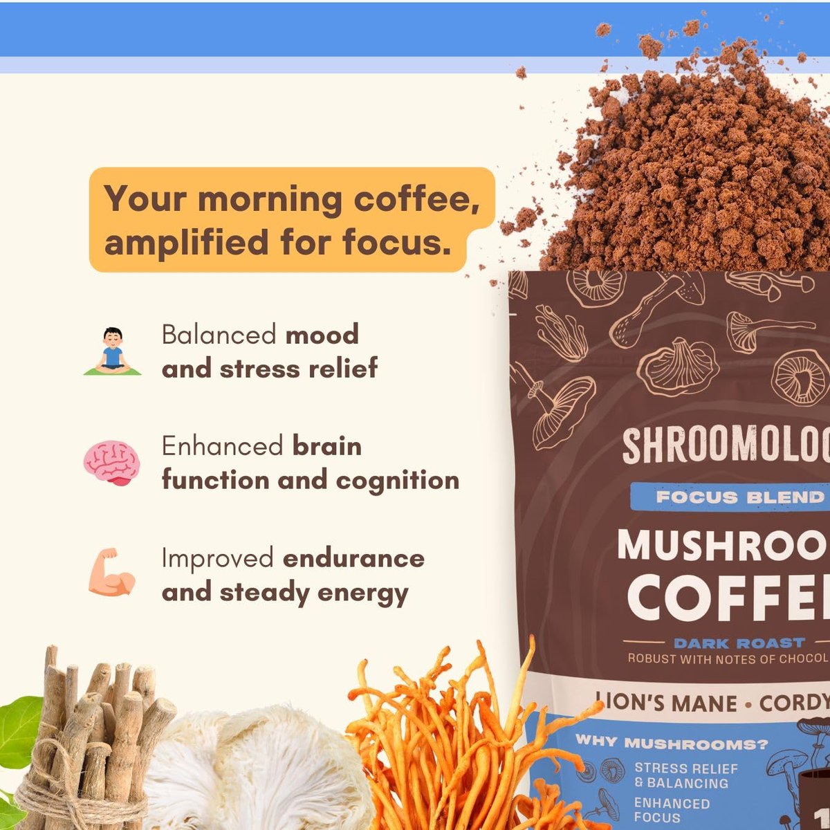 360 Nutrition Instant Mushroom Coffee Focus Blend – Mit Cordyceps, Löwenmähne und Ashwagandha für kognitive Balance, Gedächtnis und Konzentration | Dunkle Röstung, ohne Zuckerzusatz, 142 g