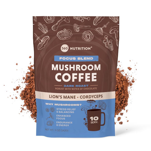 360 Nutrition Instant Mushroom Coffee Focus Blend – Mit Cordyceps, Löwenmähne und Ashwagandha für kognitive Balance, Gedächtnis und Konzentration | Dunkle Röstung, ohne Zuckerzusatz, 142 g
