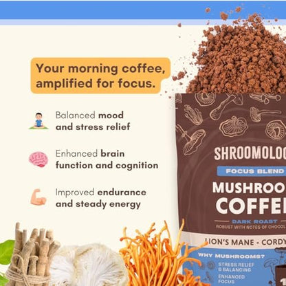 360 Nutrition Instant Mushroom Coffee Focus Blend – Mit Cordyceps, Löwenmähne und Ashwagandha für kognitive Balance, Gedächtnis und Konzentration | Dunkle Röstung, ohne Zuckerzusatz, 142 g