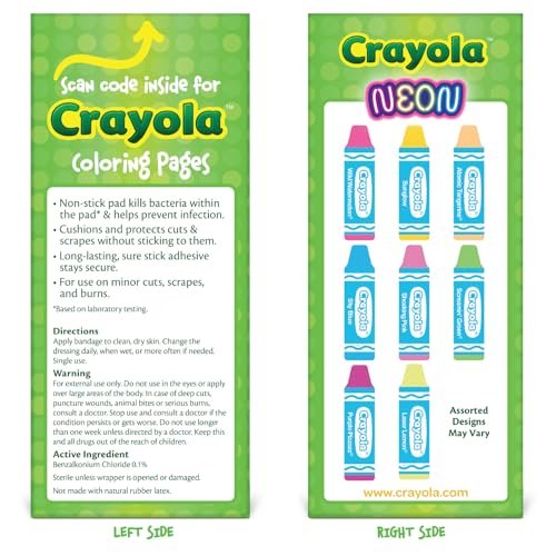 Crayola Neon Antibakterielle Pflaster für Kinder, 100 Stück - Wundpflaster für kleine Schnitte, Schrammen und Verbrennungen