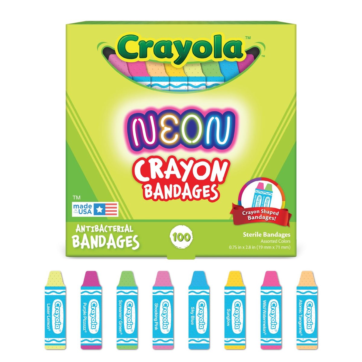 Crayola Neon Antibakterielle Pflaster für Kinder, 100 Stück - Wundpflaster für kleine Schnitte, Schrammen und Verbrennungen