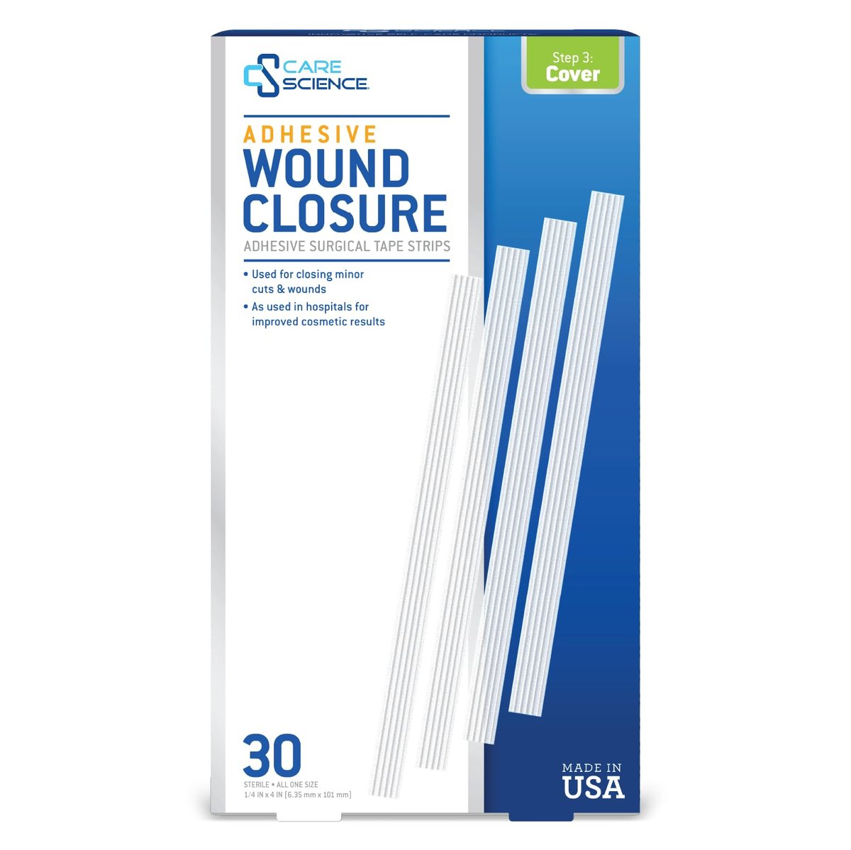 Care Science Adhesive Wundverschlussstreifen, 1/4 x 4 Zoll, 30 Stück | Sterile Streifen zum Schließen kleiner Schnitte und Wunden