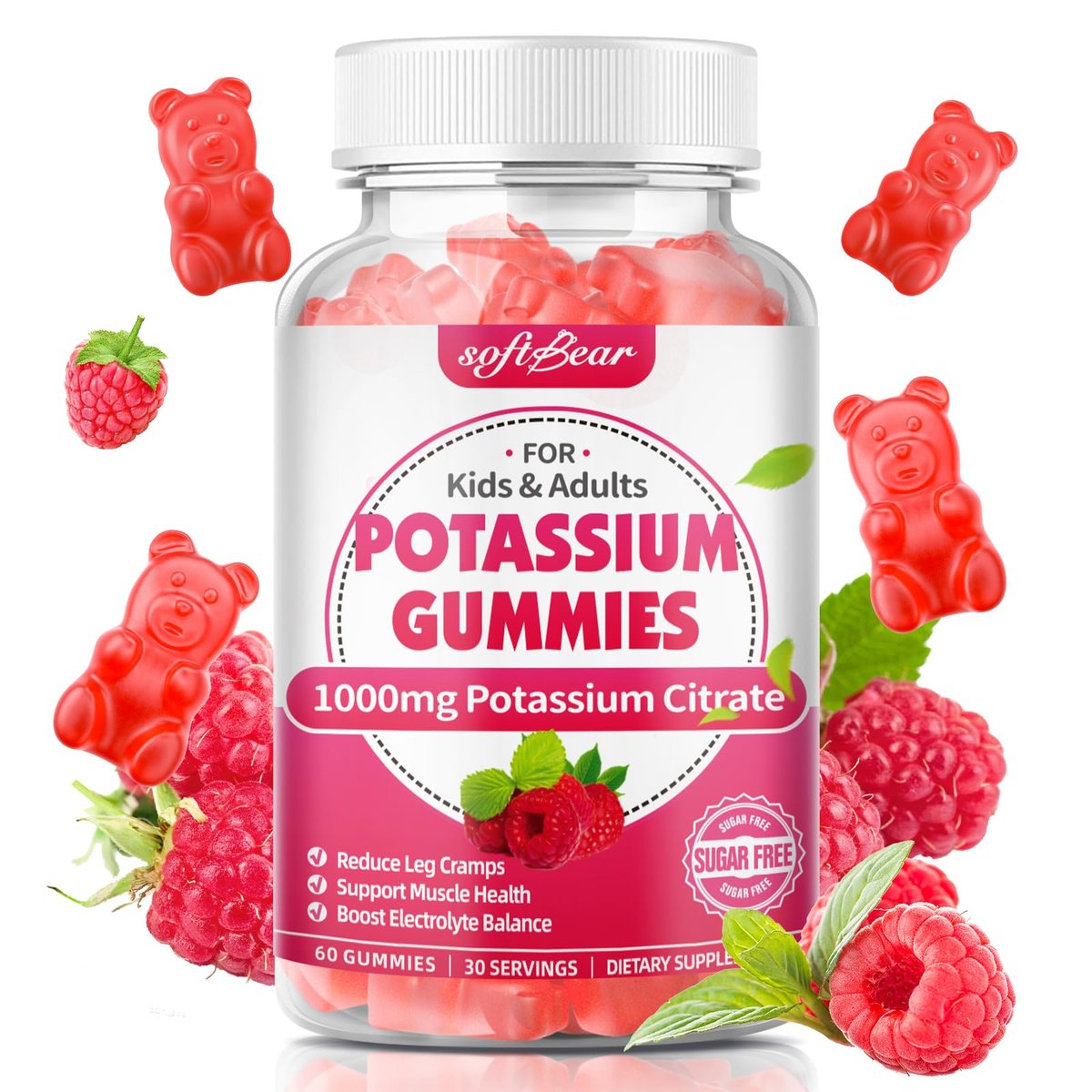 softbear Kaliumcitrat 1000mg Gummies – Zuckerfreie Kalium Gummies für Muskelunterstützung & Elektrolytgleichgewicht – Kaliumpräparat für Frauen & Erwachsene, Vegan, Himbeergeschmack (60 Stück)