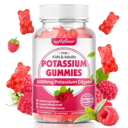 softbear Kaliumcitrat 1000mg Gummies – Zuckerfreie Kalium Gummies für Muskelunterstützung & Elektrolytgleichgewicht – Kaliumpräparat für Frauen & Erwachsene, Vegan, Himbeergeschmack (60 Stück)