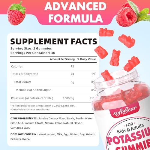 softbear Kaliumcitrat 1000mg Gummies – Zuckerfreie Kalium Gummies für Muskelunterstützung & Elektrolytgleichgewicht – Kaliumpräparat für Frauen & Erwachsene, Vegan, Himbeergeschmack (60 Stück)