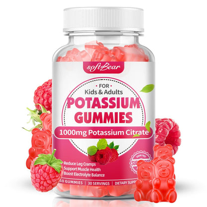 softbear Kaliumcitrat 1000mg Gummies – Zuckerfreie Kalium Gummies für Muskelunterstützung & Elektrolytgleichgewicht – Kaliumpräparat für Frauen & Erwachsene, Vegan, Himbeergeschmack (60 Stück)