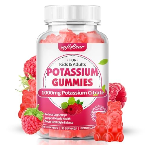 softbear Kaliumcitrat 1000mg Gummies – Zuckerfreie Kalium Gummies für Muskelunterstützung & Elektrolytgleichgewicht – Kaliumpräparat für Frauen & Erwachsene, Vegan, Himbeergeschmack (60 Stück)