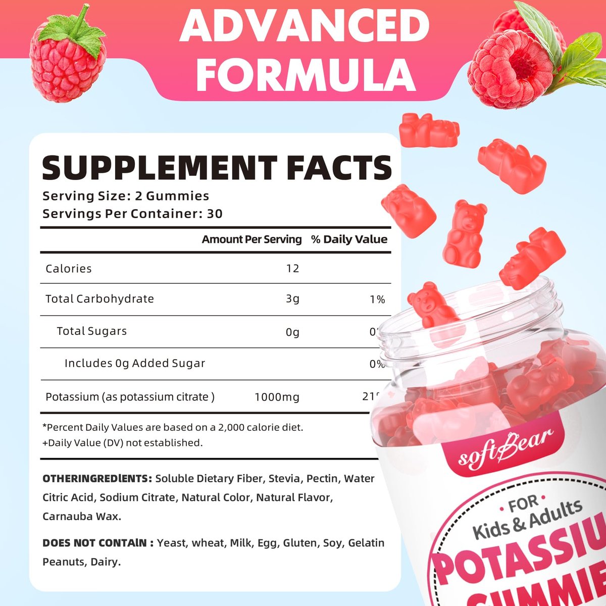softbear Kaliumcitrat 1000mg Gummies – Zuckerfreie Kalium Gummies für Muskelunterstützung & Elektrolytgleichgewicht – Kaliumpräparat für Frauen & Erwachsene, Vegan, Himbeergeschmack (60 Stück)