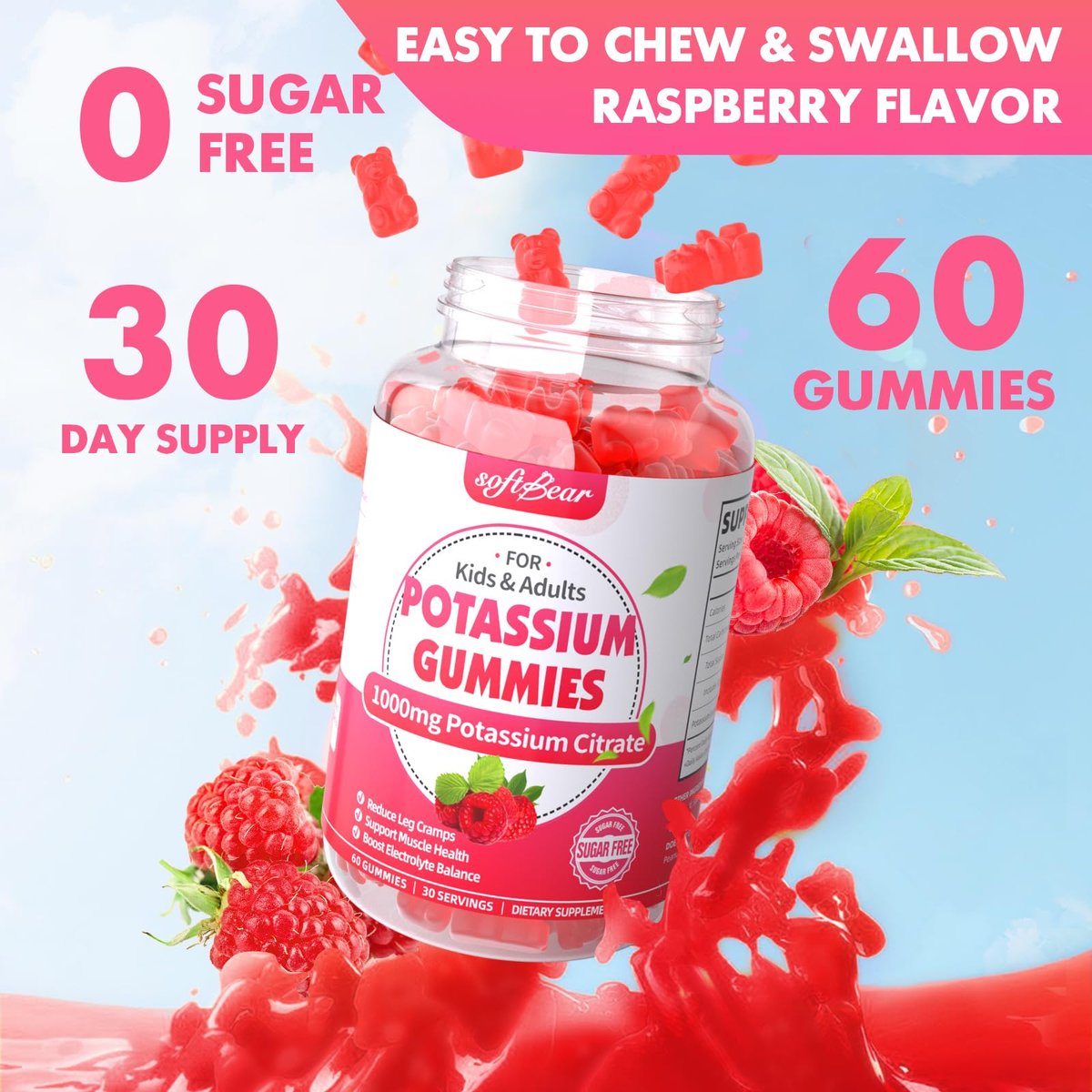softbear Kaliumcitrat 1000mg Gummies – Zuckerfreie Kalium Gummies für Muskelunterstützung & Elektrolytgleichgewicht – Kaliumpräparat für Frauen & Erwachsene, Vegan, Himbeergeschmack (60 Stück)