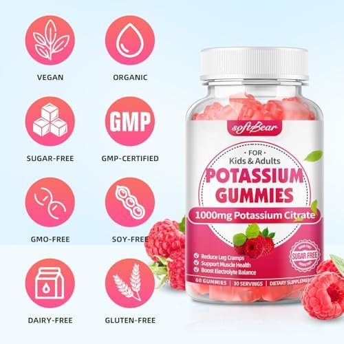 softbear Kaliumcitrat 1000mg Gummies – Zuckerfreie Kalium Gummies für Muskelunterstützung & Elektrolytgleichgewicht – Kaliumpräparat für Frauen & Erwachsene, Vegan, Himbeergeschmack (60 Stück)