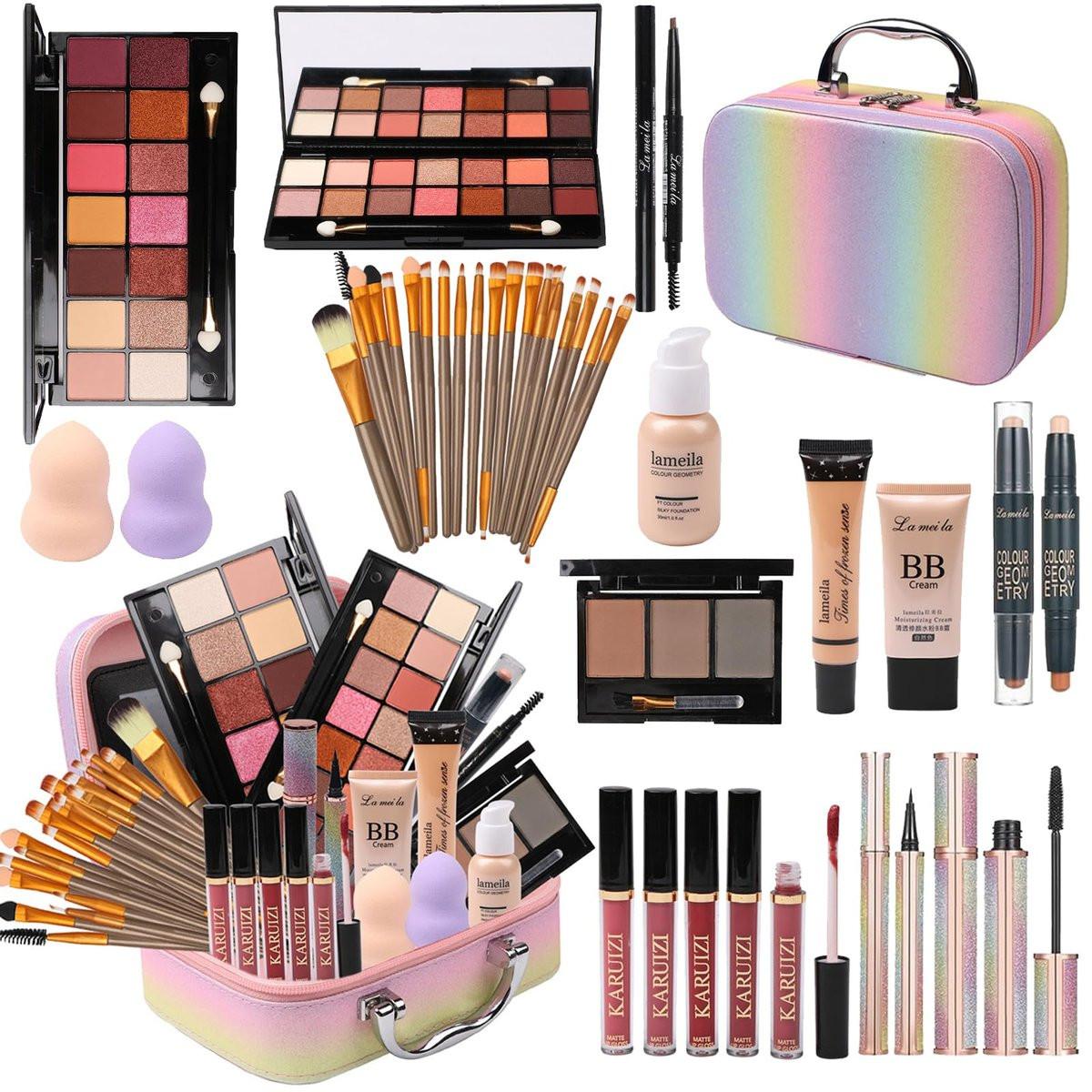 Makeup Set für Mädchen, Regenbogen Make-up Kit, Beauty Boxen mit Pinseln und Kosmetik, Modischer Make-up Koffer Organizer, Pink