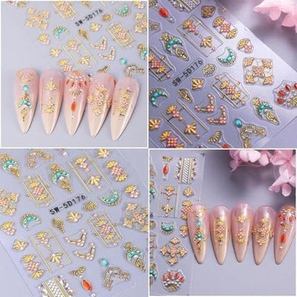 12 Blätter Boho-Nagelaufkleber, 5D selbstklebend, erhabene Stern-Mond-Sonne Nagelkunst, Gold-Nagelstickies für DIY-Maniküre, Damen