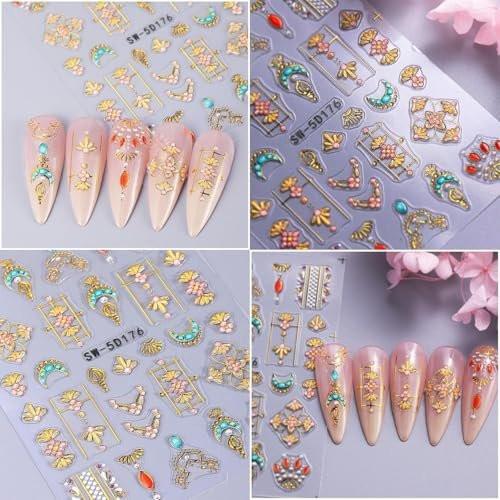 12 Blätter Boho-Nagelaufkleber, 5D selbstklebend, erhabene Stern-Mond-Sonne Nagelkunst, Gold-Nagelstickies für DIY-Maniküre, Damen