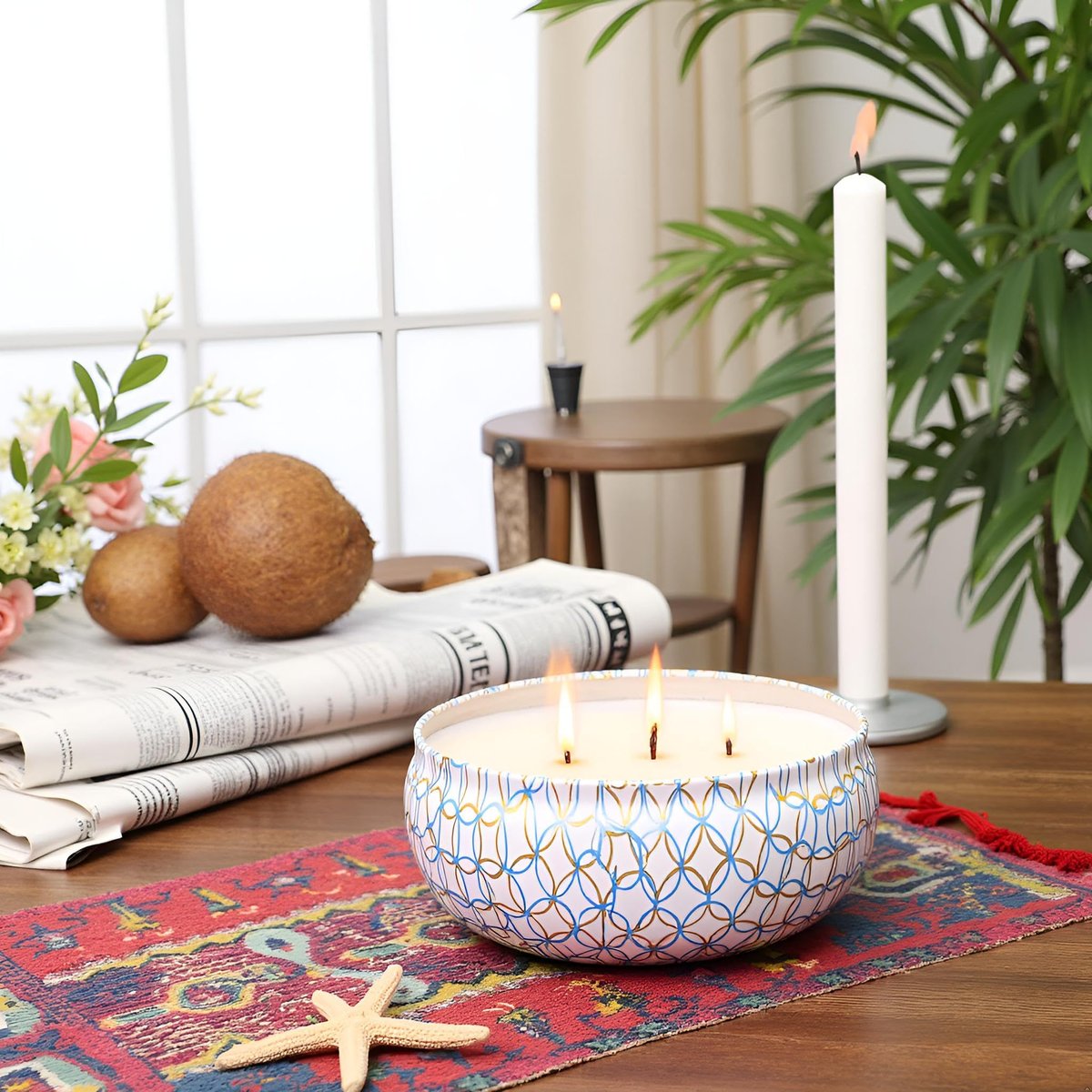 M&SENSE Coconut Beach Duftkerze 12 oz – Große 3-Docht Sojawachs-Kerze im Metalldose, über 40 Stunden Brenndauer, 100% natürliches veganes Wachs, entspannende Aromatherapie-Geschenkkerze für Frauen und Männer