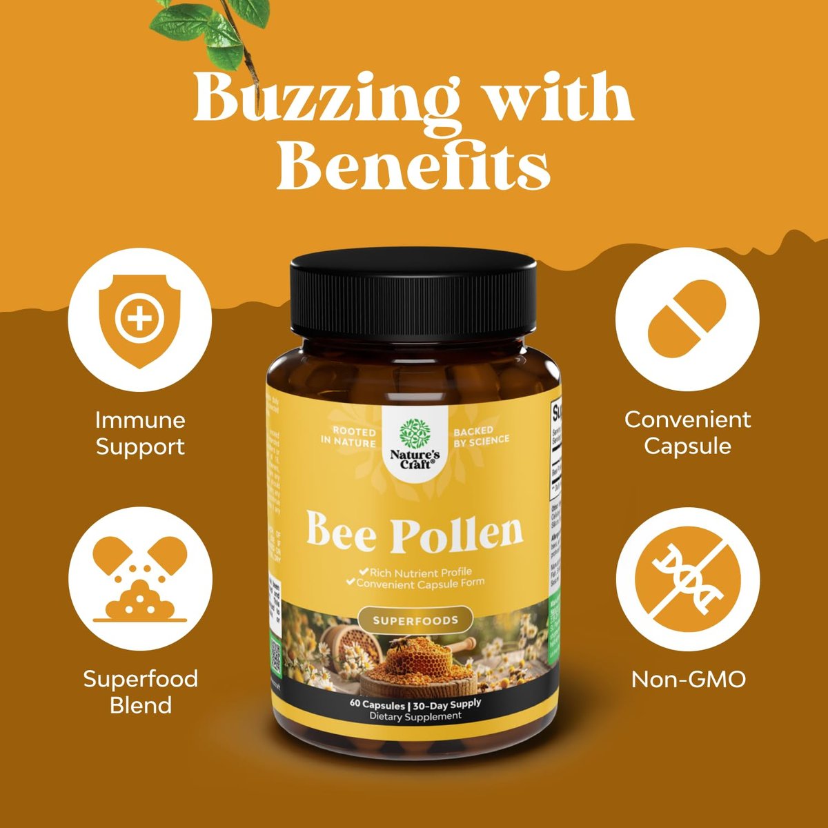 Bienenpollen Kapseln für Brustwachstum 60 Stück - Bienenpollen Nahrungsergänzungsmittel 1000 mg Portion mit natürlich vorkommenden B-Vitaminen, Mineralien und Enzymen - Brustunterstützung - Vegetarisch, Nicht-GVO & Glutenfrei