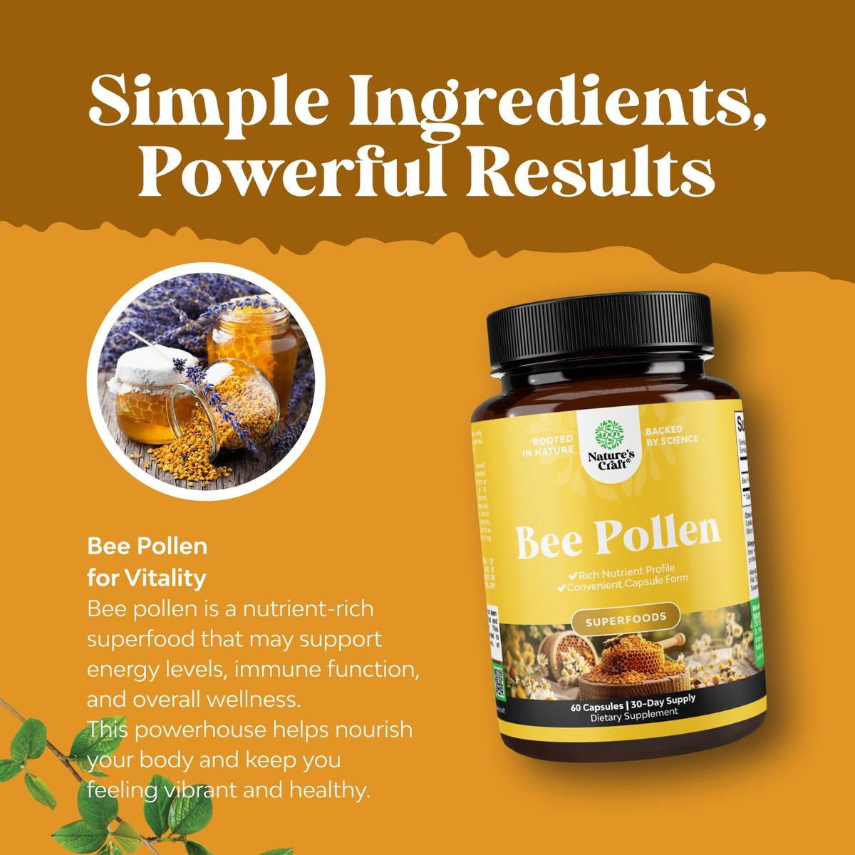Bienenpollen Kapseln für Brustwachstum 60 Stück - Bienenpollen Nahrungsergänzungsmittel 1000 mg Portion mit natürlich vorkommenden B-Vitaminen, Mineralien und Enzymen - Brustunterstützung - Vegetarisch, Nicht-GVO & Glutenfrei