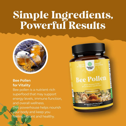 Bienenpollen Kapseln für Brustwachstum 60 Stück - Bienenpollen Nahrungsergänzungsmittel 1000 mg Portion mit natürlich vorkommenden B-Vitaminen, Mineralien und Enzymen - Brustunterstützung - Vegetarisch, Nicht-GVO & Glutenfrei