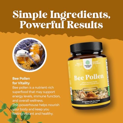 Bienenpollen Kapseln für Brustwachstum 60 Stück - Bienenpollen Nahrungsergänzungsmittel 1000 mg Portion mit natürlich vorkommenden B-Vitaminen, Mineralien und Enzymen - Brustunterstützung - Vegetarisch, Nicht-GVO & Glutenfrei