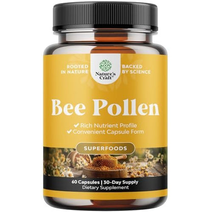 Bienenpollen Kapseln für Brustwachstum 60 Stück - Bienenpollen Nahrungsergänzungsmittel 1000 mg Portion mit natürlich vorkommenden B-Vitaminen, Mineralien und Enzymen - Brustunterstützung - Vegetarisch, Nicht-GVO & Glutenfrei