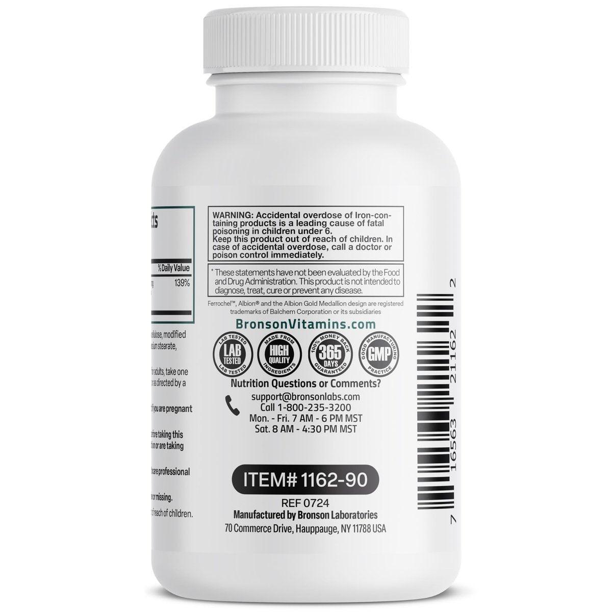 Bronson Eisen Bisglycinat 25 mg – Magenfreundlich, unterstützt Energie & gesunde rote Blutkörperchen – Nicht verstopfend – Non-GMO, 90 Kapseln